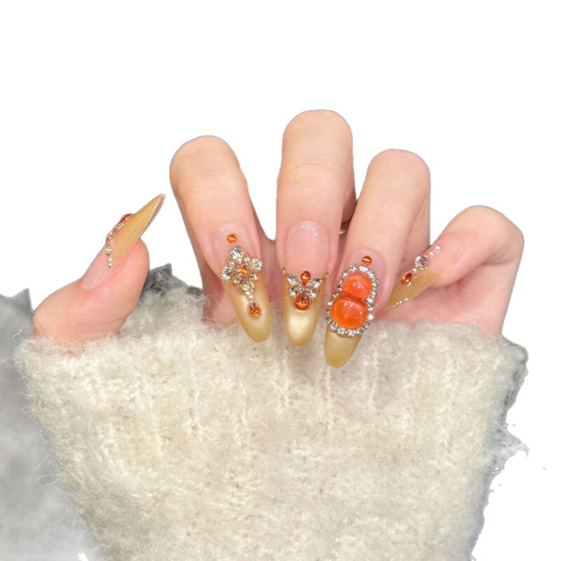 Luxurious 3D Stereoscopic Gourd Rhinestone-embellished Champagne Gradient Color Press-On Nails