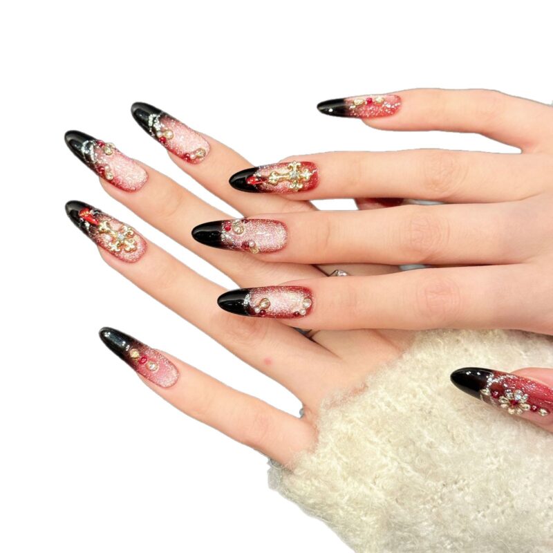主图-10 Red Glitter Gradient Black Sweet Edgy Rhinestone Cross Press-On Nails