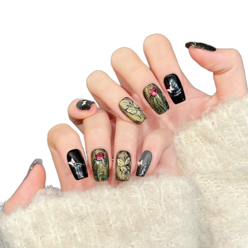 Black Base Gold Glitter Rose Butterfly Hand-Painted Press-On Nails