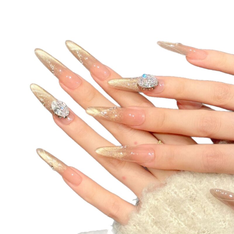 French Elegant Style Nude Brown Cat Eye Rhinestone-embellished Press-On Nails