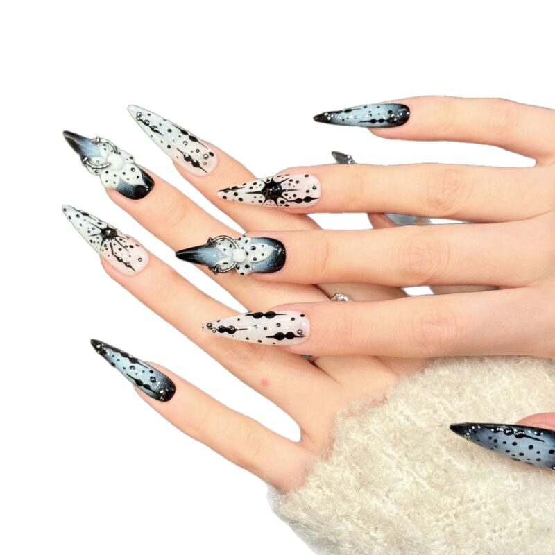 主图-10 Dark Style Ink-splashed Dark Blue 3D Embossed Carvings Press-On Nails