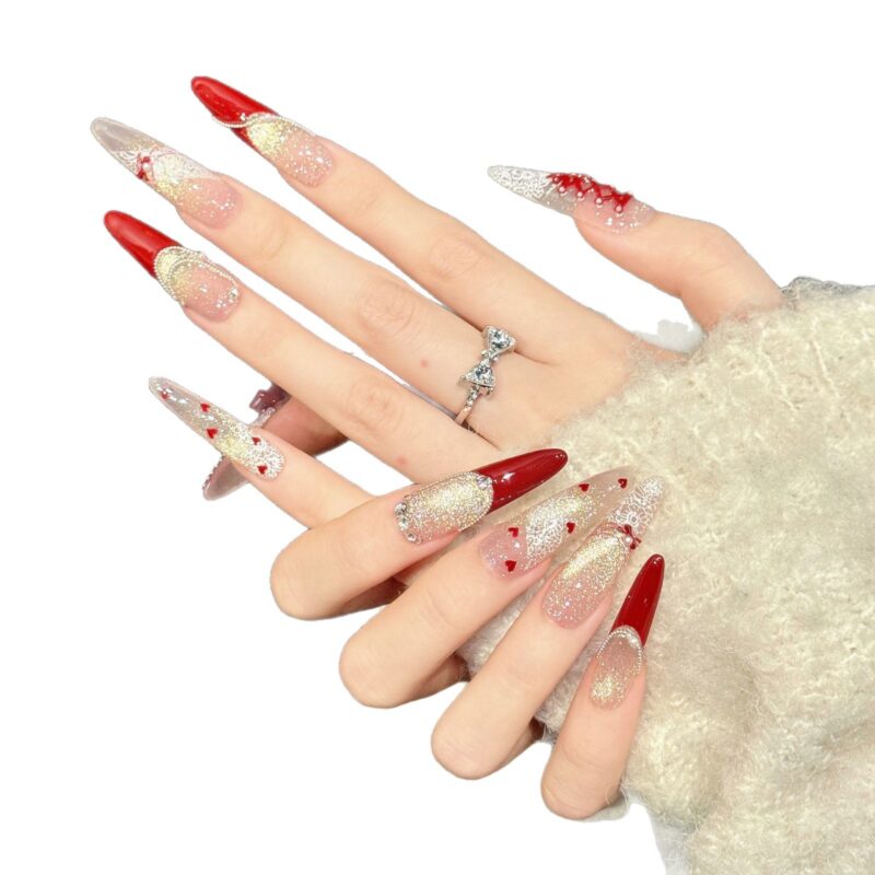 Burgundy Bow French Heart Lace Press-On Nails