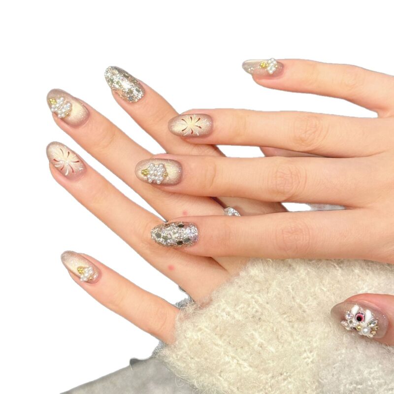 3D Lion Dance Champagne Super Sparkle Fireworks Pearl Press-On Nails