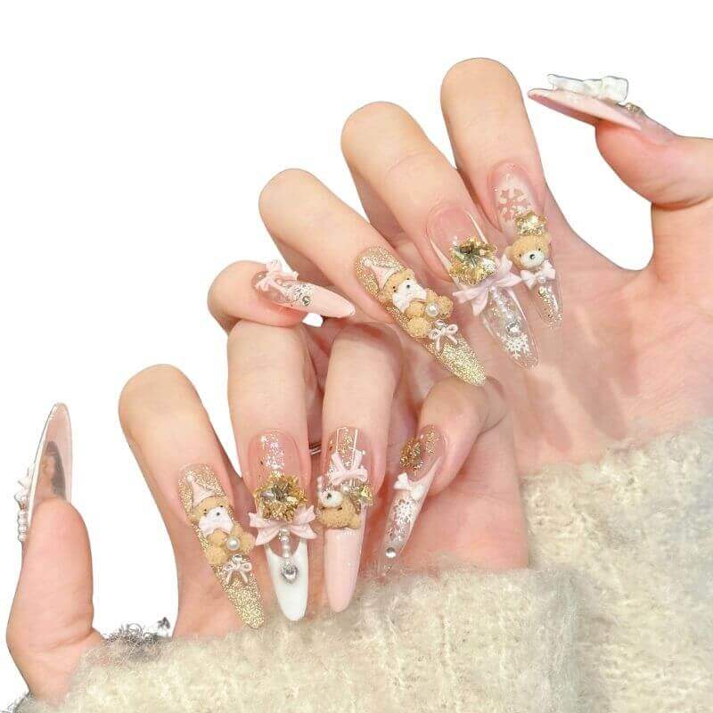Sweetheart Girly Pink Gold Bear Bow Snowflake Press-On Nails