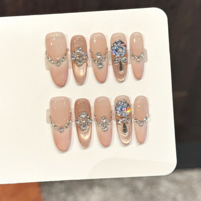 French Light Luxury Nude Pink Champagne Large Diamond Long Oval Press-On Nails