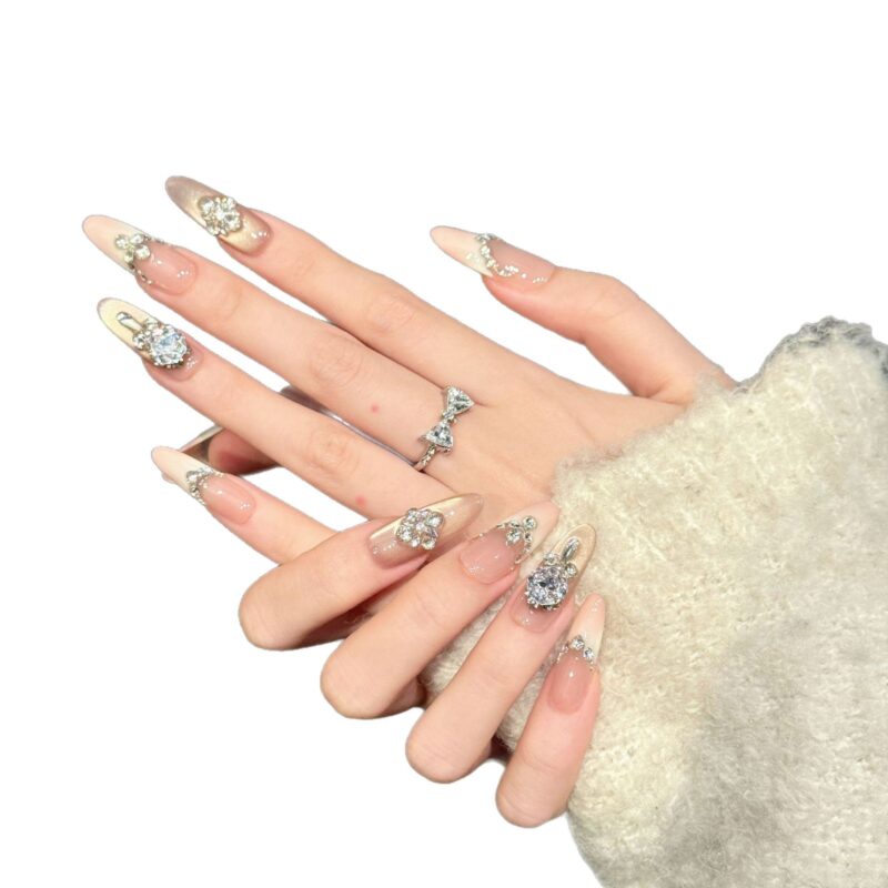 French Light Luxury Nude Pink Champagne Large Diamond Long Oval Press-On Nails