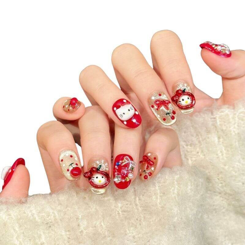 New Year Festive KT Cat Super Sparkle Cute Press-On Nails