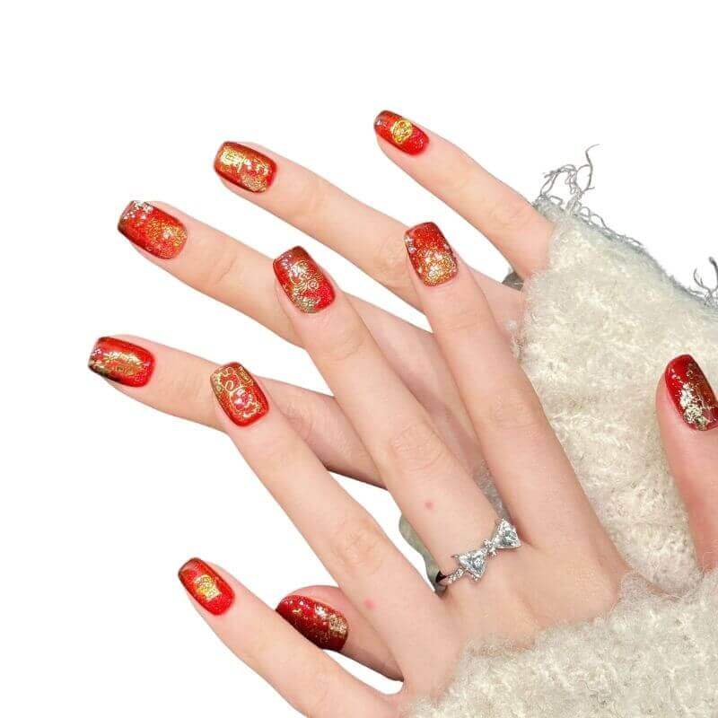 New Year Red Gold Foil Festive Chinese Dragon Firecracker Whitening Press-On Nails