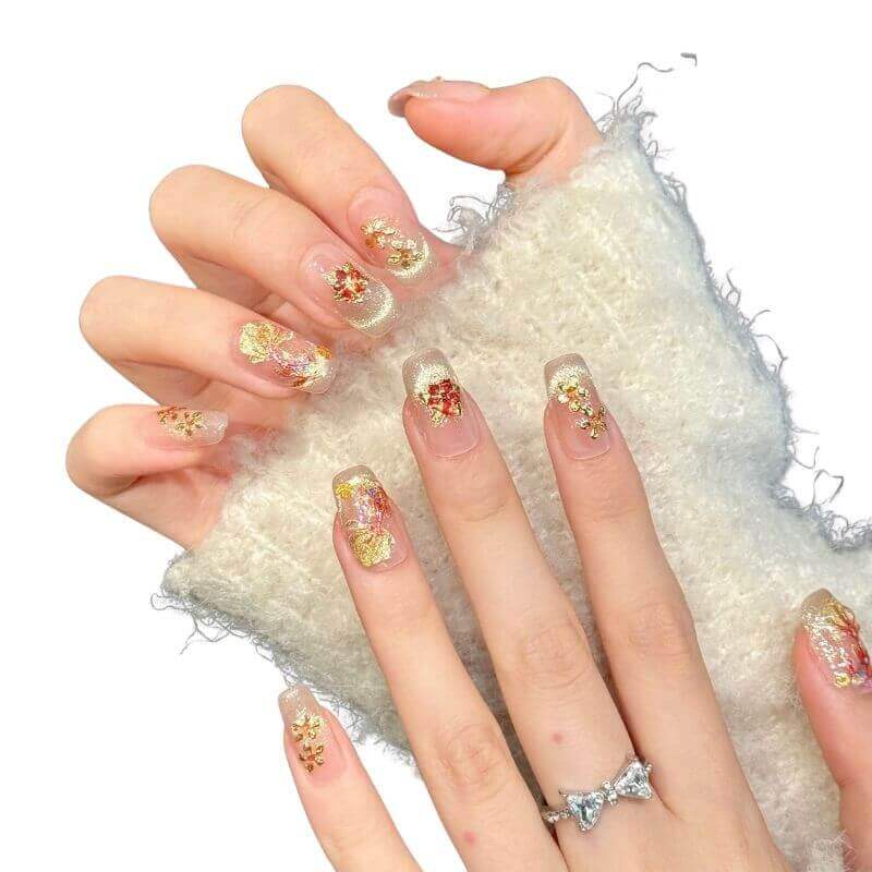 未命名的设计 Translucent Nude Gold Foil Flower Koi Fish Gentle Chinese Style Press-On Nails