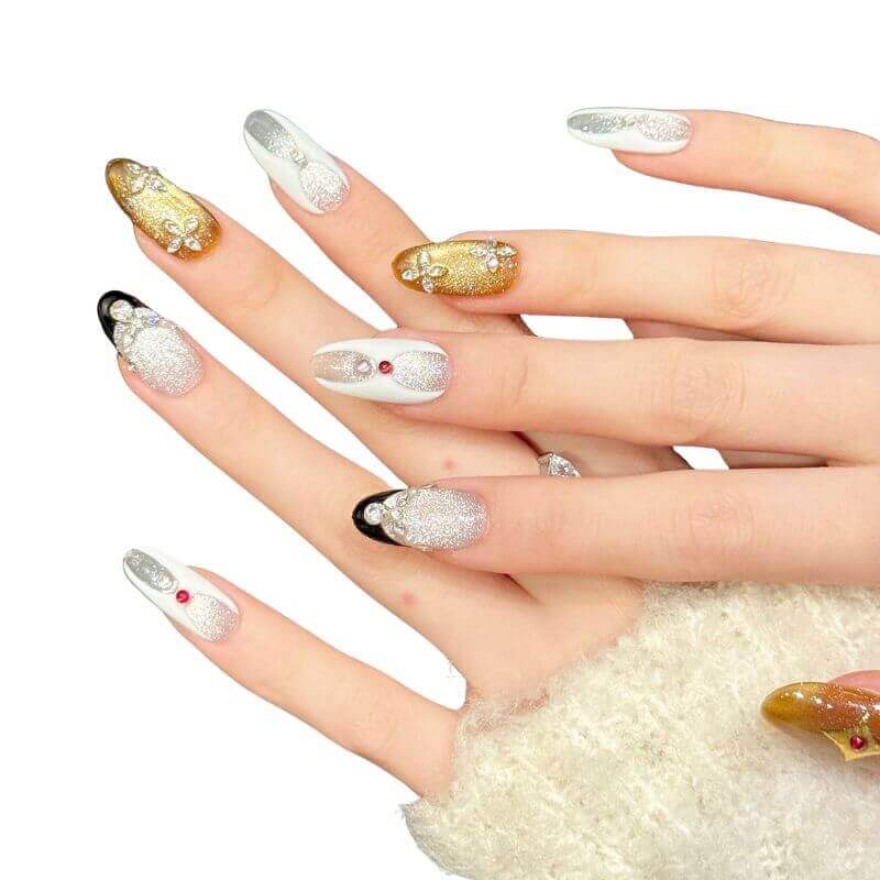 French Gold White Glitter Red Rhinestone Light Luxury Medium Oval Press-On Nails
