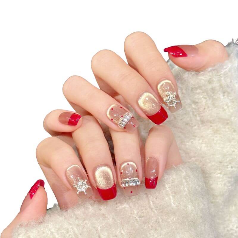 Red Champagne Cat Eye Magic Diamond Short Square & Oval Press-On Nails